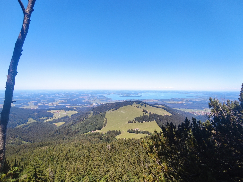 Erlbergkopf: Blick über den Erlbergkopf mit Schmiedalm (links) und Weißenalm zum Chiemsee.