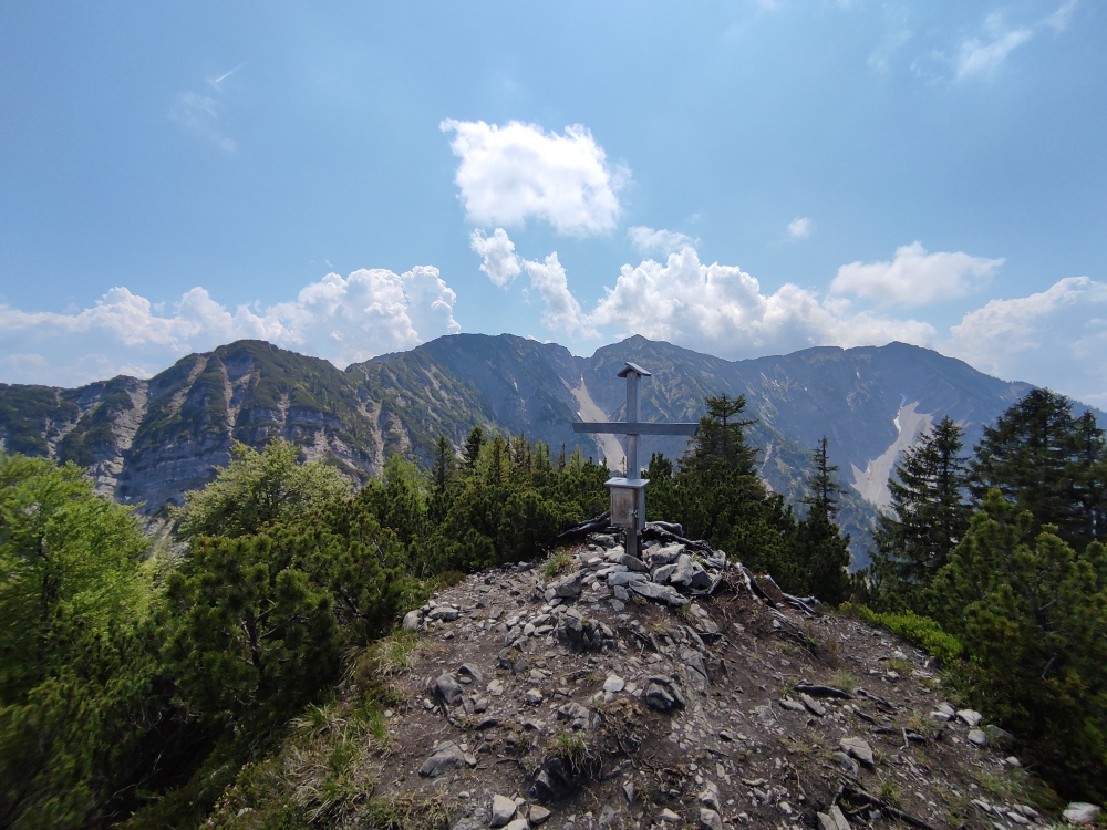Hochbrunstkopf: Gipfelkreuz mit der ganzen Dürnnbachhornrunde im Hintergrund 