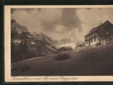 <a href=/huetten/kreuzeckhaus-5868/>Kreuzeckhaus</a> mit <a href=/gipfel/alpspitze-846/>Alpspitze</a> und Zugspitze (Foto gespeichert zu <a href=/huetten/kreuzeckhaus-5868/>Kreuzeckhaus</a>),#Historische Ansichtskarte zum <a href=/historisch/>Verkauf</a>