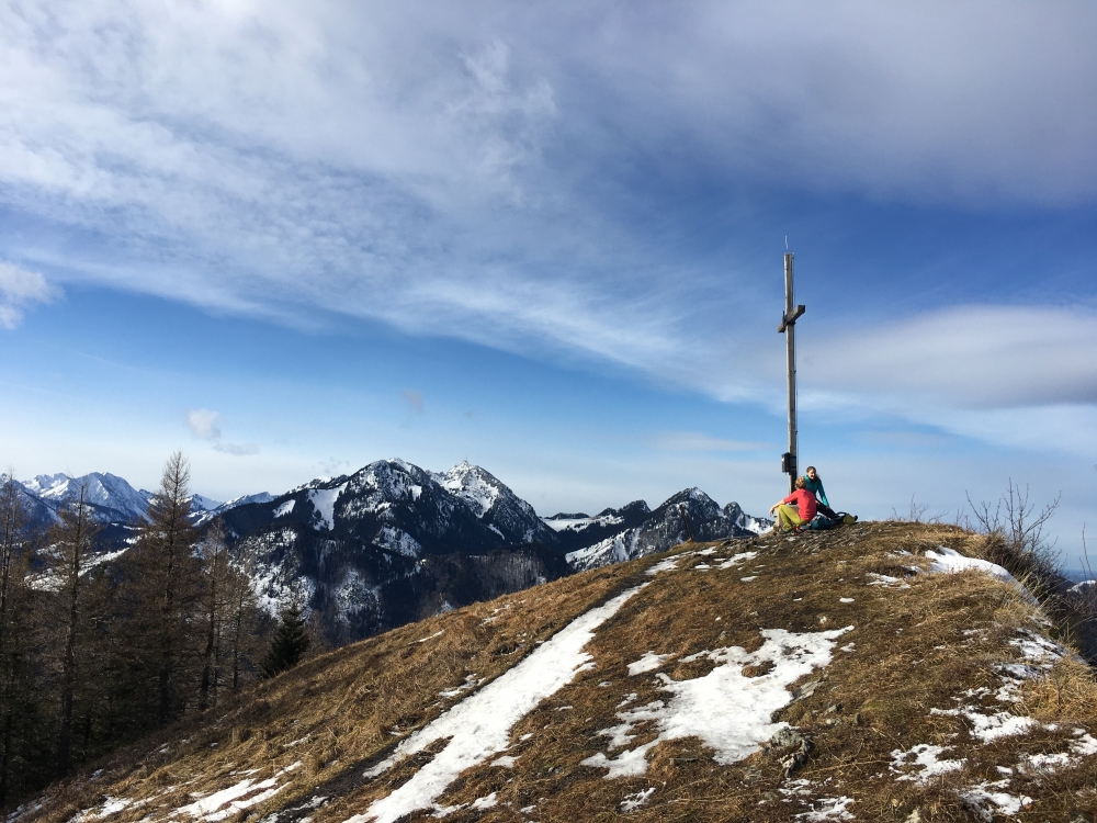 Großer Riesenkopf -> Riesenkopfalm: Gipfelkreuz Großer Riesenkopf mit Wendelstein und Wildalpjoch (links) und Hochsalwand (rechts)