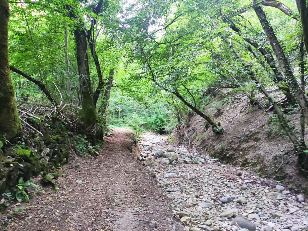 Wanderung Monte Tre Croci: Angenehm schattig neben dem Flussbett entlang